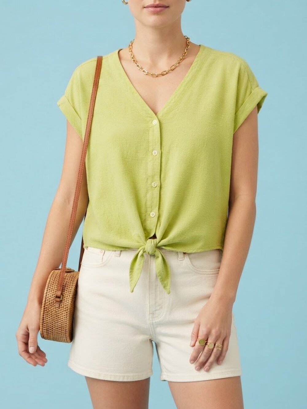 Lime Green Linen Blend Button Tie-Front Short Sleeve Top